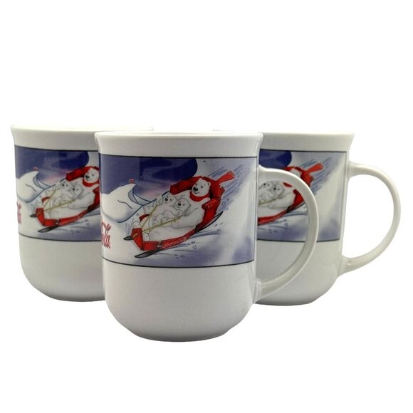 Vtg Coca-Cola by Sakura Polar Bear Winter Scene Mugs Porcelain Cups 3 Piece Set - Picture 10 of 12